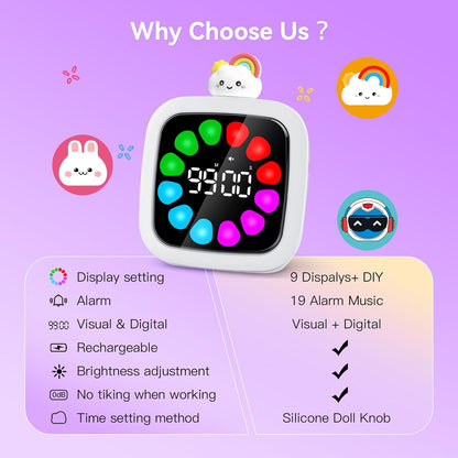 Yunbaoit Digital Visual Timer for Kids, Rechargeable 99-Minute Silent Countdown Timer with 19 Ringtones, 9 Optional DIY Color Star Display, Time Management Tool with Pause Function (Rainbow)