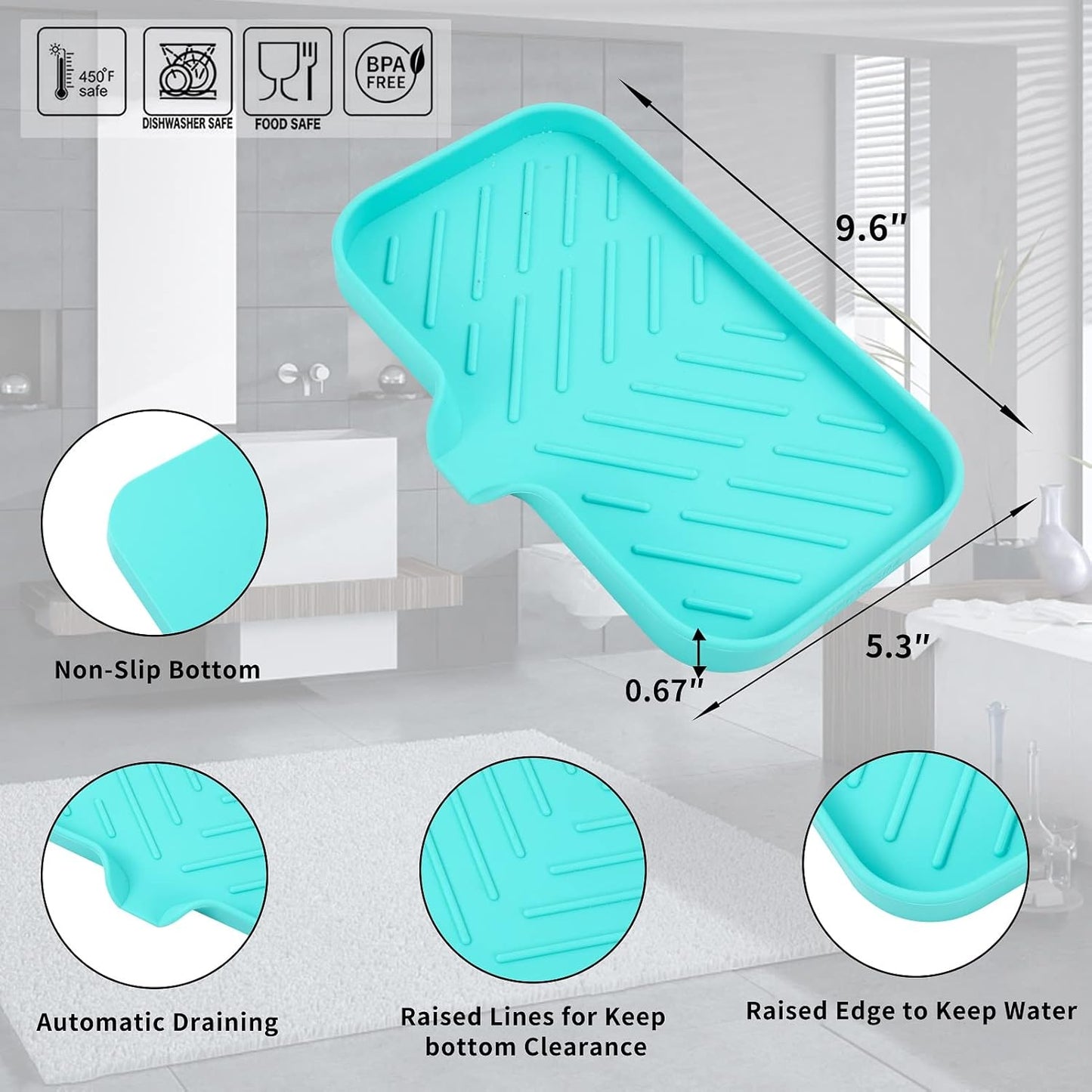 MicoYang Silicone Soap Dish with Drain Spout, Self-Draining Sink Organizer Tray for Bathroom and Kitchen, Sponges, Dispensers and Soap Holder, Non-Slip and Dishwasher Safe, Black (Compact, 4.9"×3.2")