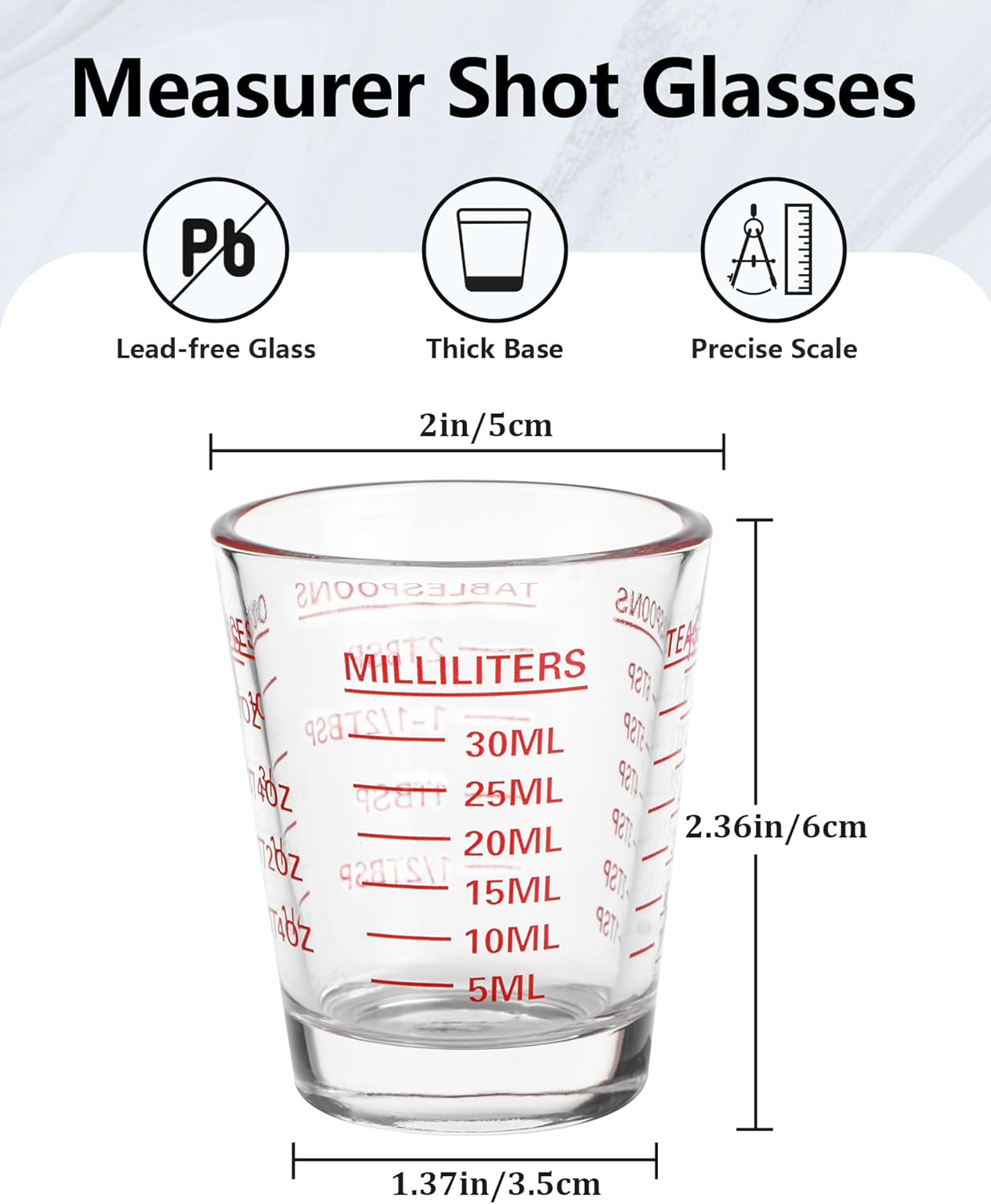 Measuring Cup Shot Glasses 2PACK Espresso Shot Glasses Liquid Heavy Glass 26-Incremental Measurement 1 OZ, 2 TBS, 6 TSP, 30 ML Kitchen Tools (Red)