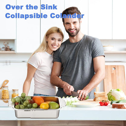 Extendable Over the Sink Colander 13.5-17 in, 304 Stainless Steel Basket for Kitchen– Rust-resistant, Dishwasher Safe for Apartment/RV/Camper, Space-Saving Veggie & Pasta Drainer