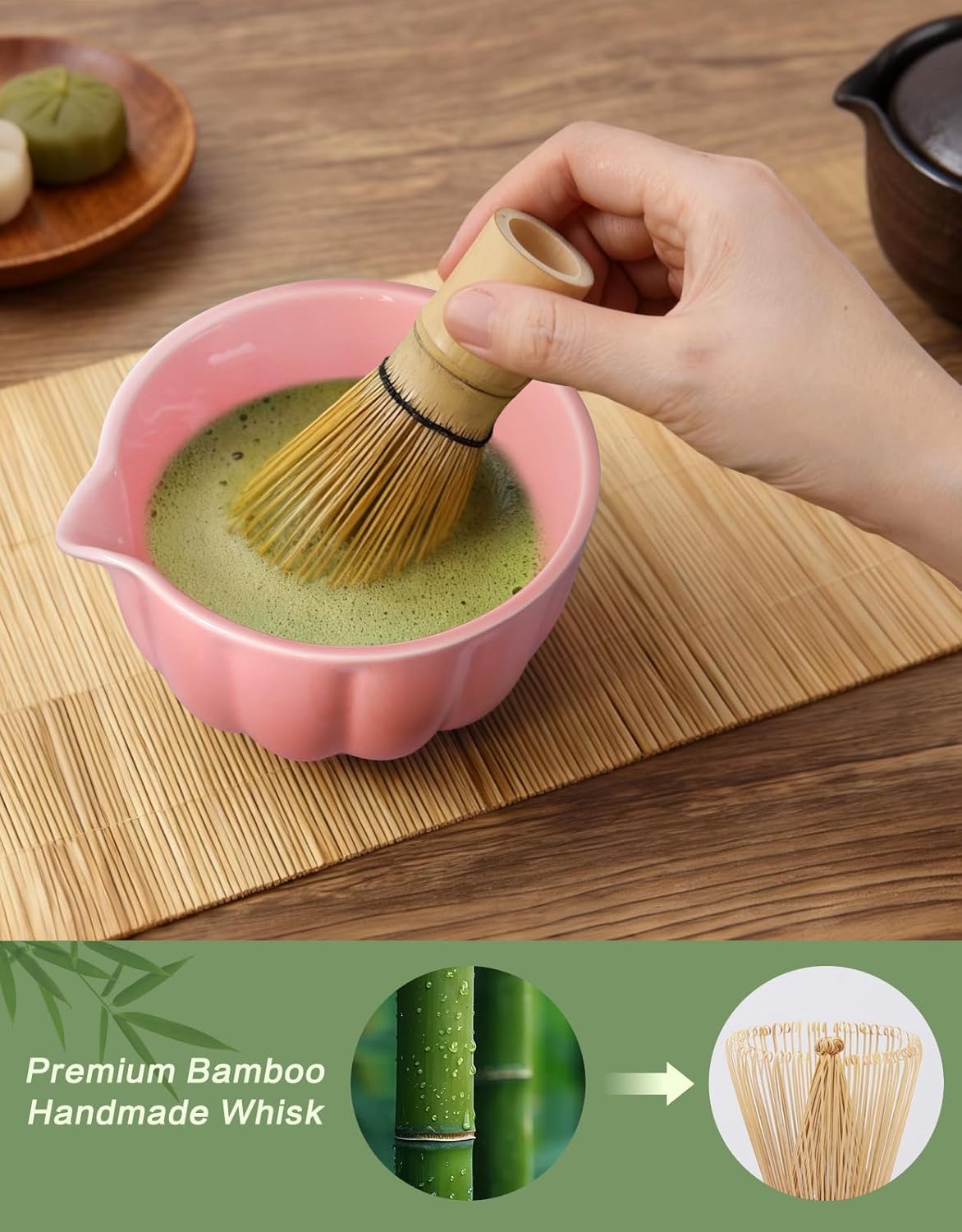 Matcha Whisk Set, 7 Pcs, Matcha Kit Includes Matcha Bowl, Matcha Whisk and Holder, Bamboo Scoop, Spoon, Sifter and Tea Towel, Matcha Set, Gift for Matcha Lovers & Beginners (Pink)