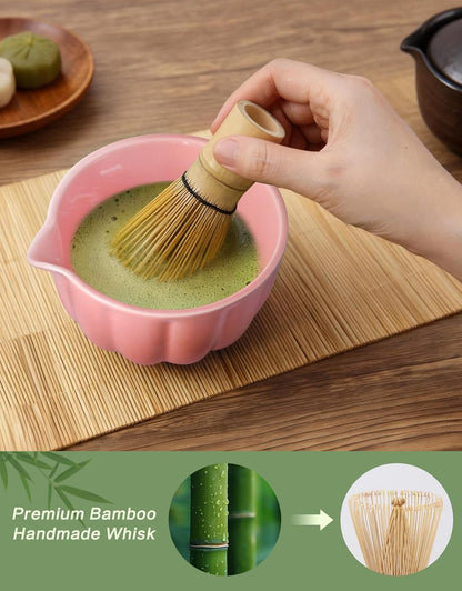 Matcha Whisk Set, 7 Pcs, Matcha Kit Includes Matcha Bowl, Matcha Whisk and Holder, Bamboo Scoop, Spoon, Sifter and Tea Towel, Matcha Set, Gift for Matcha Lovers & Beginners (Pink)