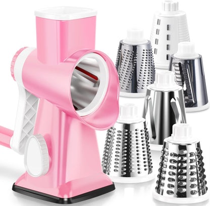 KEOUKE Rotary Cheese Grater Hand Crank Transparent - Shredder Slicer Grinder 3 Stainless Steel Blades, Stable Suction, Labor-Saving Handle, Safe Kitchen Tool for Cheese, Vegetable, Nuts, Chocolate