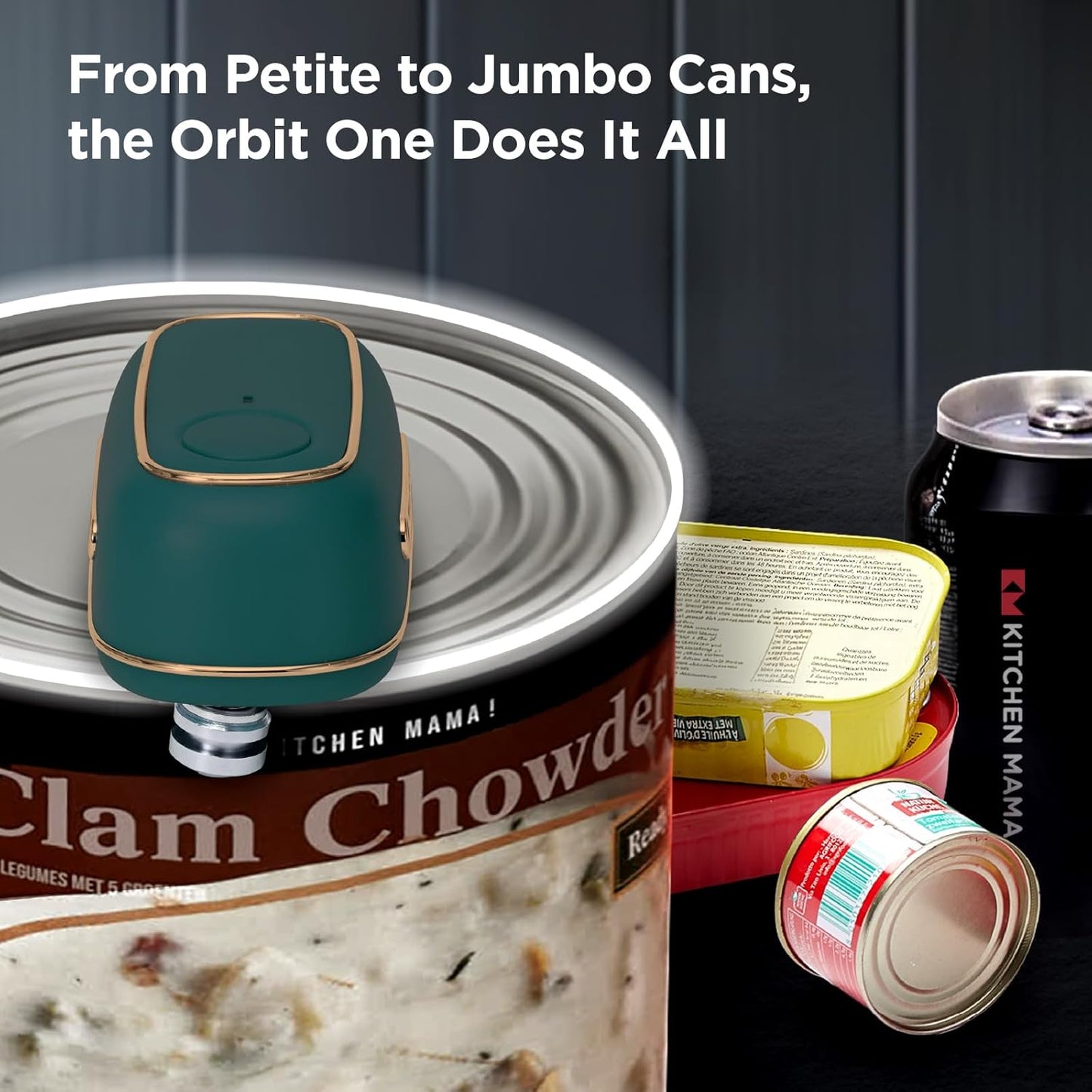 Kitchen Mama Orbit One Rechargeable Electric Can Opener: Hands-free, USB-C Charging, Automatic Stop, Smooth Edge, Safety, Blade for Large Cans, Heavy Duty, Soda and Pop Can, with Storage Box (White)