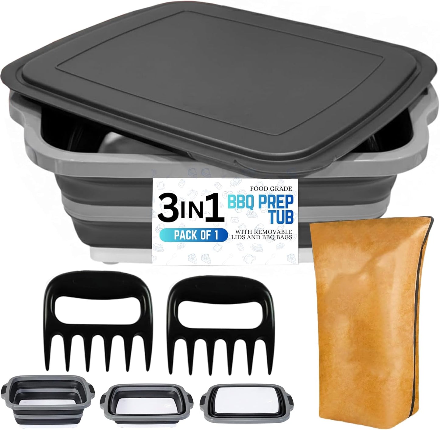 3-in-1 BBQ Prep Tub 16L with 2 Meat Shredder Claws & BBQ Resting Bag, Collapsible Cutting Board with Lid for Meal Prep & Marinating, Camping Sink with Colander, Dish Basin for Picnic & Outdoor Use