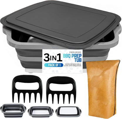 3-in-1 BBQ Prep Tub 16L with 2 Meat Shredder Claws & BBQ Resting Bag, Collapsible Cutting Board with Lid for Meal Prep & Marinating, Camping Sink with Colander, Dish Basin for Picnic & Outdoor Use