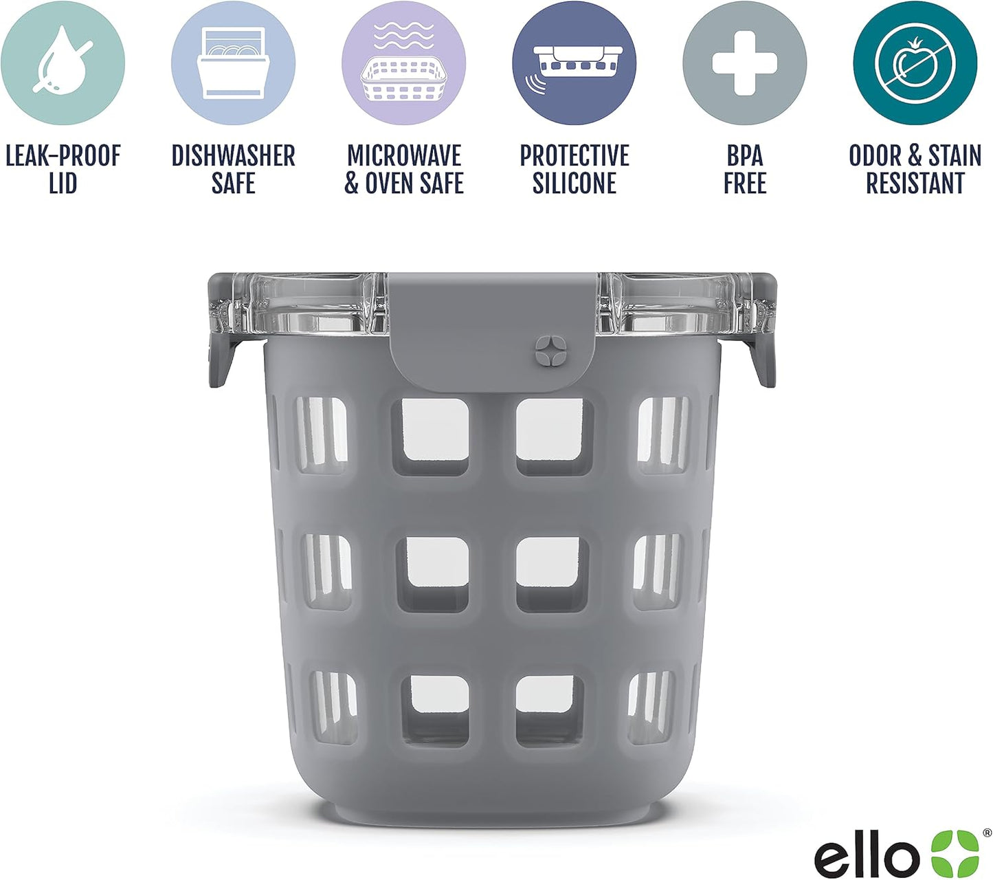 Ello DuraGlass Food Storage Glass Lunch Bowl - Meal Prep Container with Silicone Sleeve and Airtight Lid, 5 Cup, Yucca