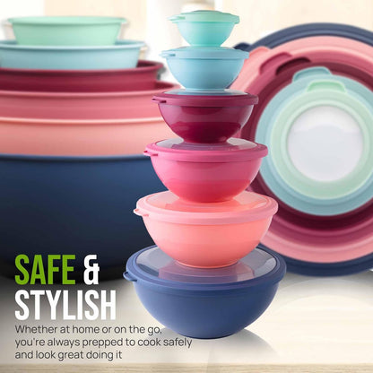 Zulay Kitchen 12 Piece Plastic Mixing Bowls with Lids Set - Leak-Proof Microwave & Freezer Safe Stackable Mixing Bowl Set for Preparing, Serving and Storing - Non-Slip Large Nesting Bowls (Blue Ombre)