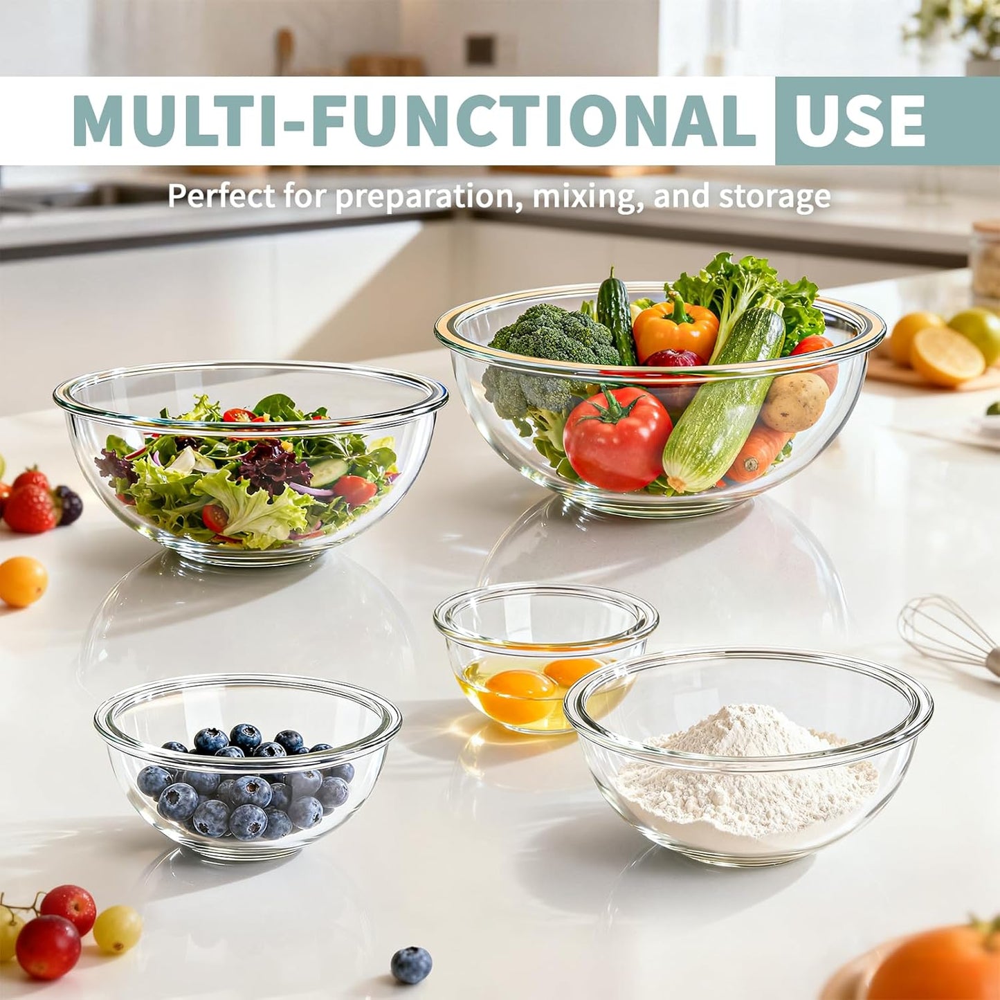 Luvan Glass Mixing Bowls with Lids Set(4.5QT, 2.7QT, 1.1QT)-Large Glass Mixing Bowls, Clear Salad Bowl for Baking, Cooking, Serving, Food Prep, 3PC Nesting Bowls for Kitchen Storage & Dishwasher Safe