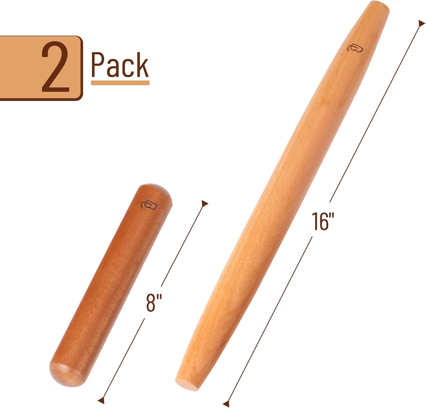 BAMBOO LAND- French Rolling Pin Set, 2 pcs, 16", 8", Natural Wood Rolling Pins for Baking