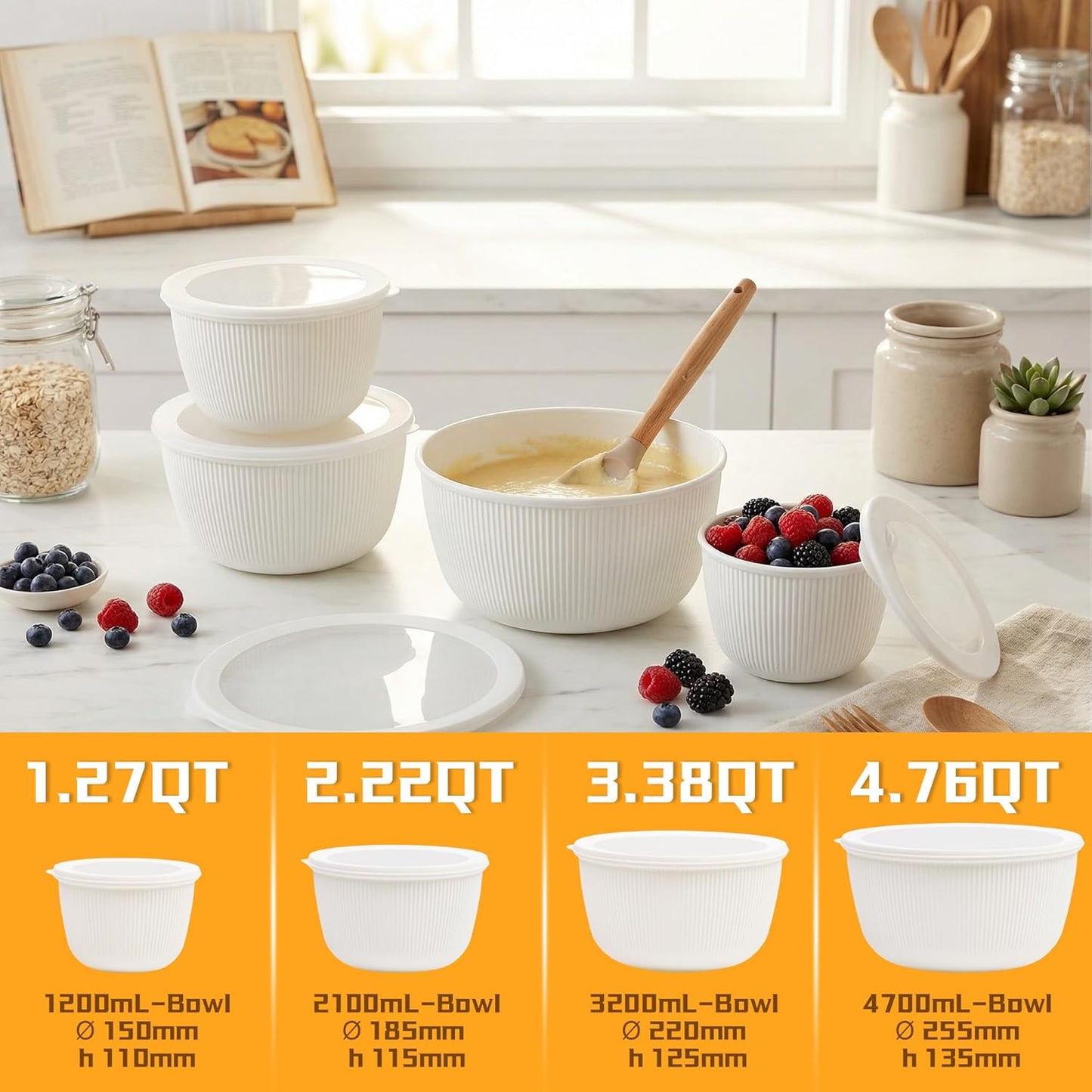 BoxedHome Mixing Bowls with Lids - 8 Piece Plastic Nesting Bowls Set includes 4 Prep Bowls and 4 Lids, Microwave and Dishwasher Safe, Green