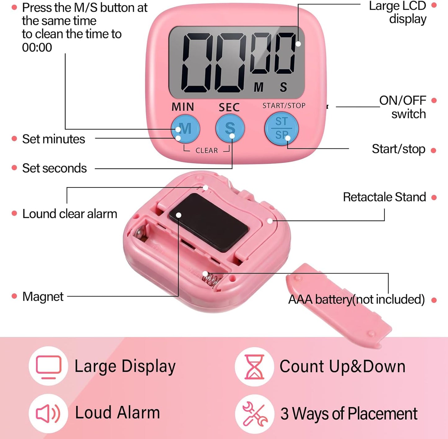 Weewooday 24 Pcs Small Digital Kitchen Timer Magnetic Back and Switch Minute Second Count up Countdown Big LCD Display Loud Alarm for Teacher Cooking Baking (Colorful)