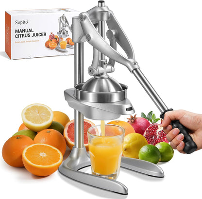 Manual Juicer, Sopito Heavy-Duty Effortless Orange Squeezer Safety Countertop Stainless Steel Hand Press Juicer for Citrus Lemon Lime Grapefruit, Easy to Clean
