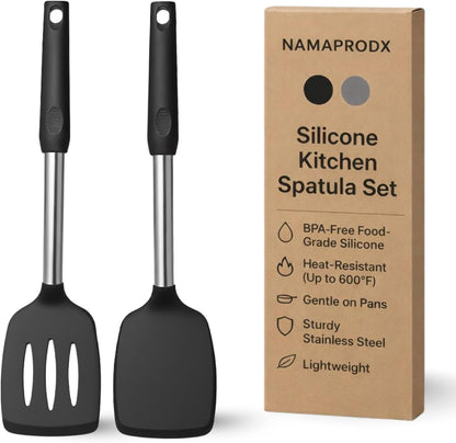 Silicone Spatula Set (2-Pc) - 600°F Heat Resistant, BPA Free, Non-Scratch, Dishwasher Safe I Slotted & Solid Kitchen Spatula Turners I Ideal for Eggs, Pancakes, Fish I Stainless Steel I Gray