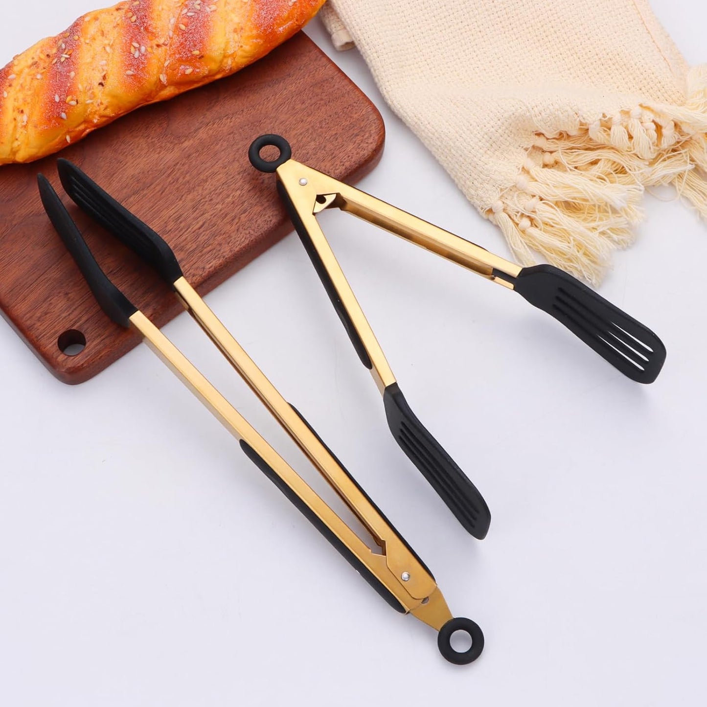 Stainless Steel Classic Kitchen Serving Food Party Gold Tongs 9" and 12" Cooking Tong with BPA Free Silicone Tips, Dishwasher Safe Serving Tools(set of 2)