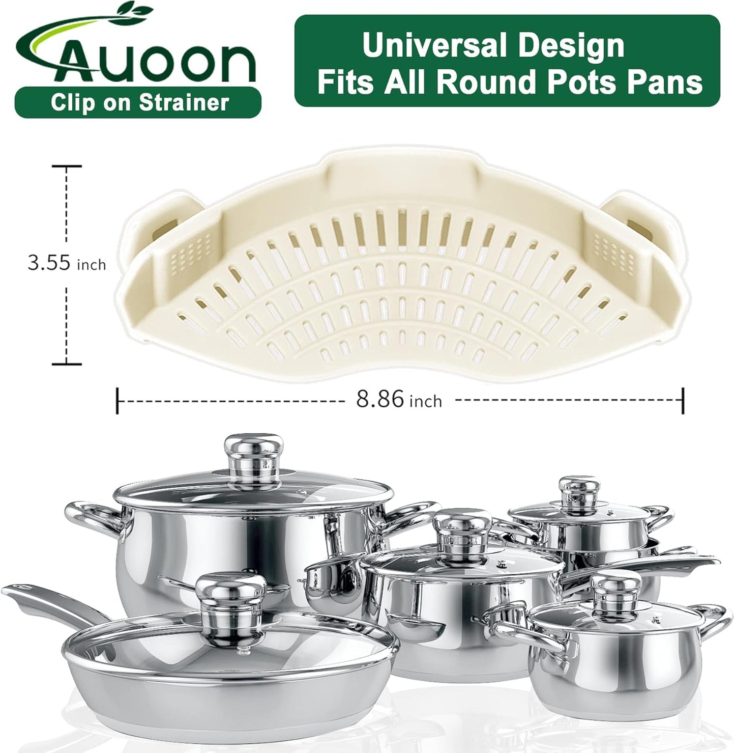 AUOON Clip On Strainer Silicone for All Pots and Pans, Pasta Strainer Clip on Food Strainer for Meat Vegetables Fruit Silicone Kitchen Colander