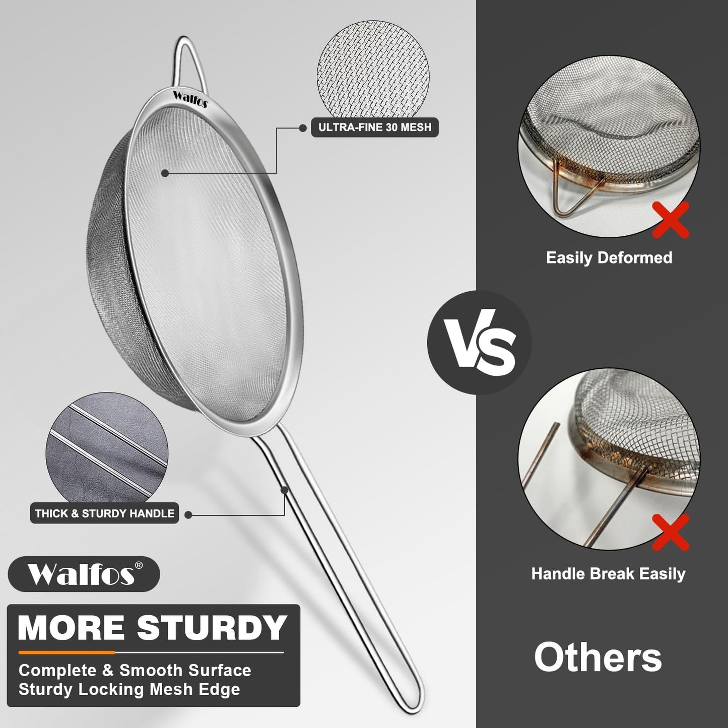 Walfos Fine Mesh Strainer Set of 3, Stainless Steel Wire Strainers for Kitchen, Multipurpose Metal Fine Sieve with Handle, Perfect for Food, Rice, Quinoa, 2.7", 4.6", 7"