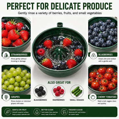Self Spinning Berry Washing Bowl Ceramic with Drain Holes, Automatic Berry Wash Bowl for Fruits & Vegetables (1PC)