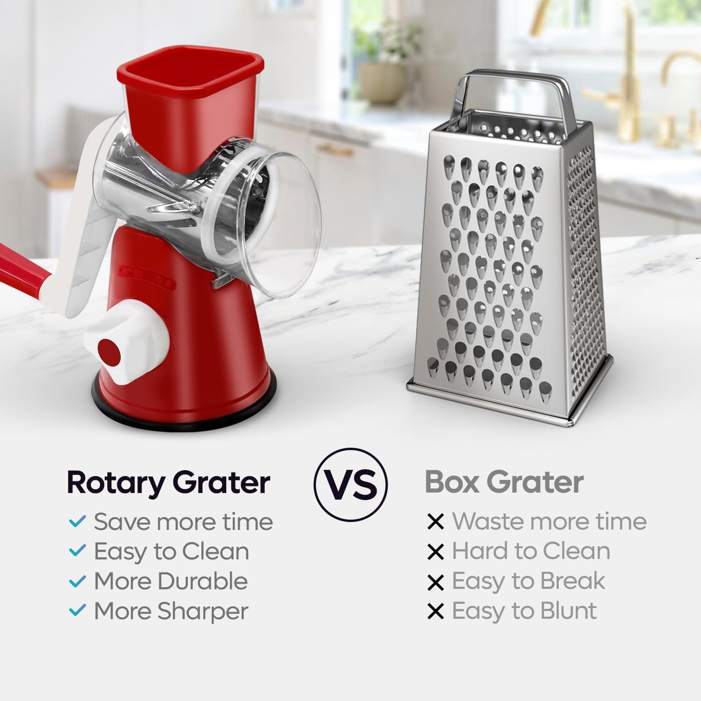 Rotary Cheese Grater 3-in-1 – Hand-Crank Vegetable Slicer with Strong Suction Base, Stainless Steel Drum for Cheese, Nuts & Vegetables – Fast & Safe