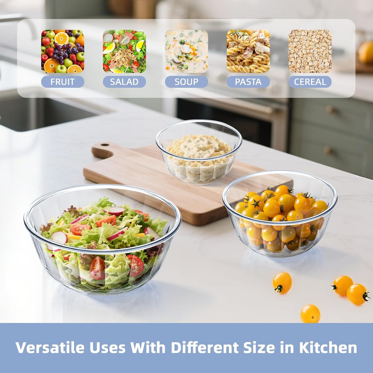 WhiteRhino Glass Mixing Bowls Glass Bowls with Lids Set(4.5QT,2.7QT, 1.1QT),Large Salad Bowls,glass mixing bowl Space-Saving Nesting Storage bowls for Cooking,Baking,Prepping,Dishwasher Safe