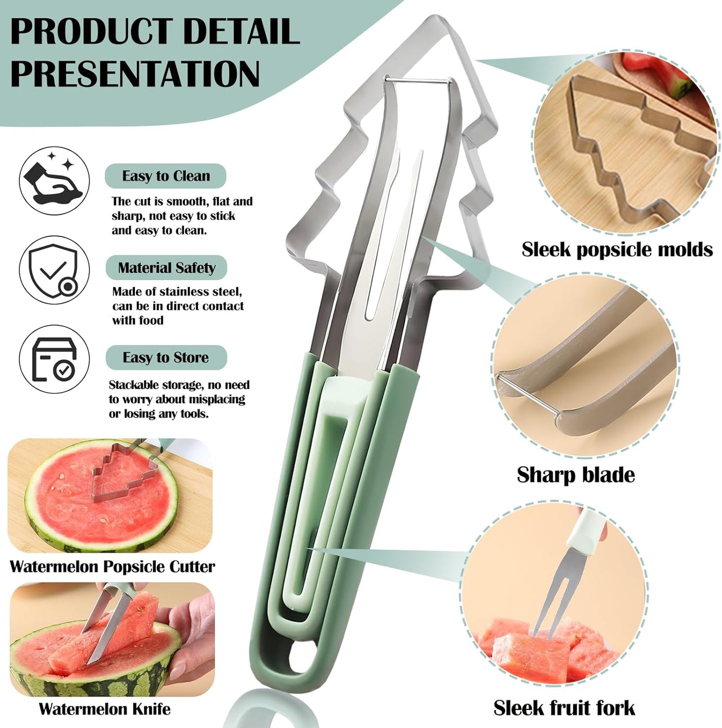 3-in-1 Watermelon Cutter Slicer Tool,Stainless Steel Watermelon Cutter Melon Baller Scoop Set Chriatmas Tree Popsicle Tool Watermelon Knife Fruit Slicer Fruit Carving Tools for Kitchen Utility Gadgets