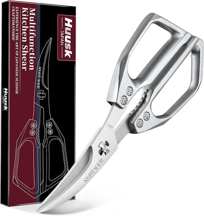 HUUSK Kitchen Scissors All Purpose - Stainless Steel Kitchen Shear, Sharp Silver Meat Scissors Dishwasher Safe, Heavy Duty Poultry Shears, Japanese Cooking Scissor for Food, Christmas Gifts for Women