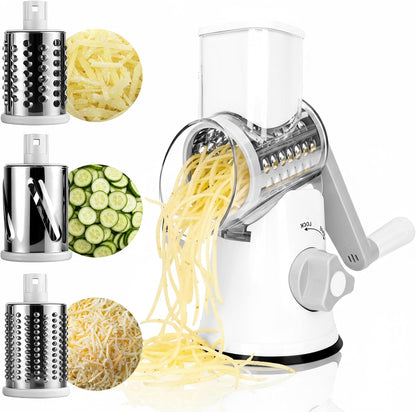 Rotary Cheese Grater, Hand Kitchen Crank Shredder Speed Mandolin Slicer Nuts Grinder with Handle and Drum Blades for Fresh Cheese, Vegetable, Fruit, Nuts, Non-slip Suction Base, 3 Blades
