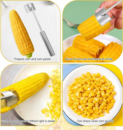 Stainless Steel Corn Peeler and Stripper Set, 2 Pcs Long Handle Corn Cutter for Kitchen and Outdoor Dining