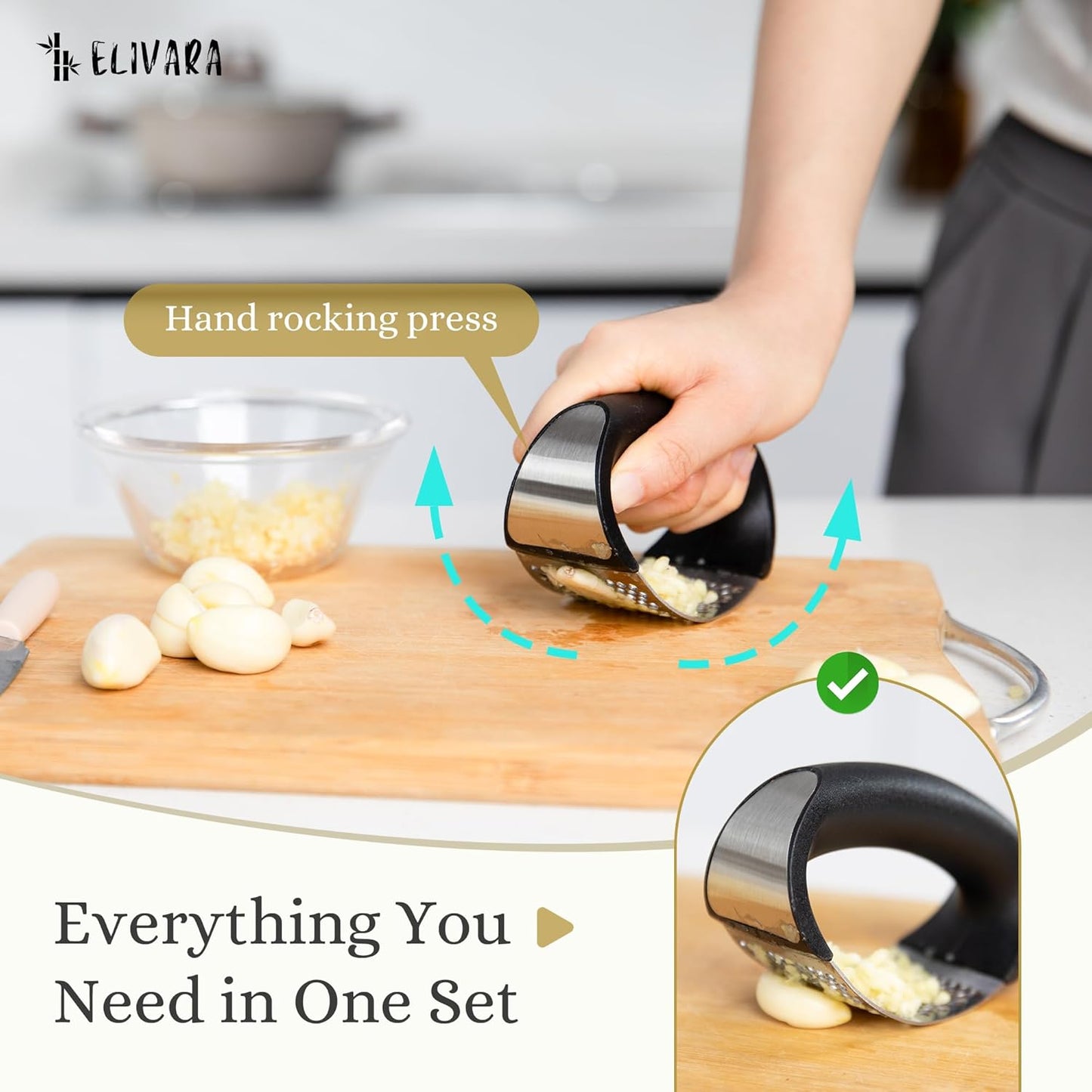 Stainless Steel Garlic Press Rocker Set (Black) - Includes Silicone Peeler and Cleaning Brush for Effortless Garlic Mincing