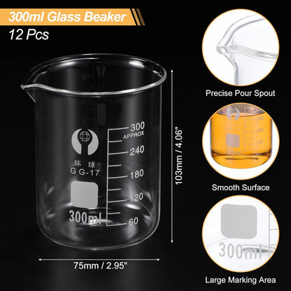 PATIKIL 50ml Low Form Glass Beaker, 12 Pack 3.3 Borosilicate Glass Graduated Printed Scale Measuring Cups with Spout for Kitchen Lab Liquids