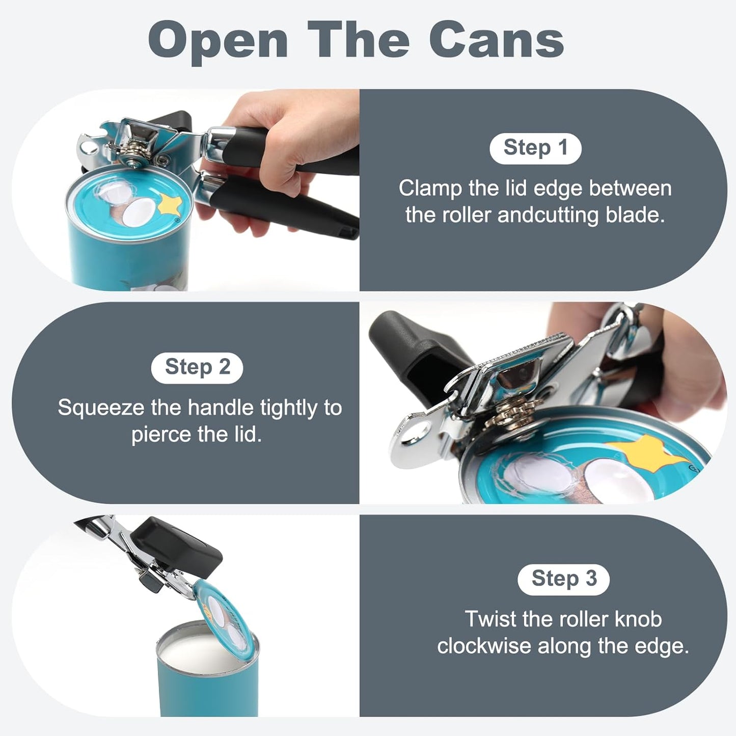 Manual Can Opener with Stainless Steel Sharp Blade, 3-in-1 Multifunction Handheld Can Opener and Bottle Opener, Soft Ergonomic Cushioned Handle