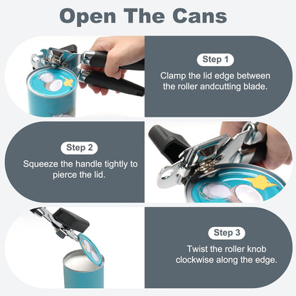 Manual Can Opener with Stainless Steel Sharp Blade, 3-in-1 Multifunction Handheld Can Opener and Bottle Opener, Soft Ergonomic Cushioned Handle