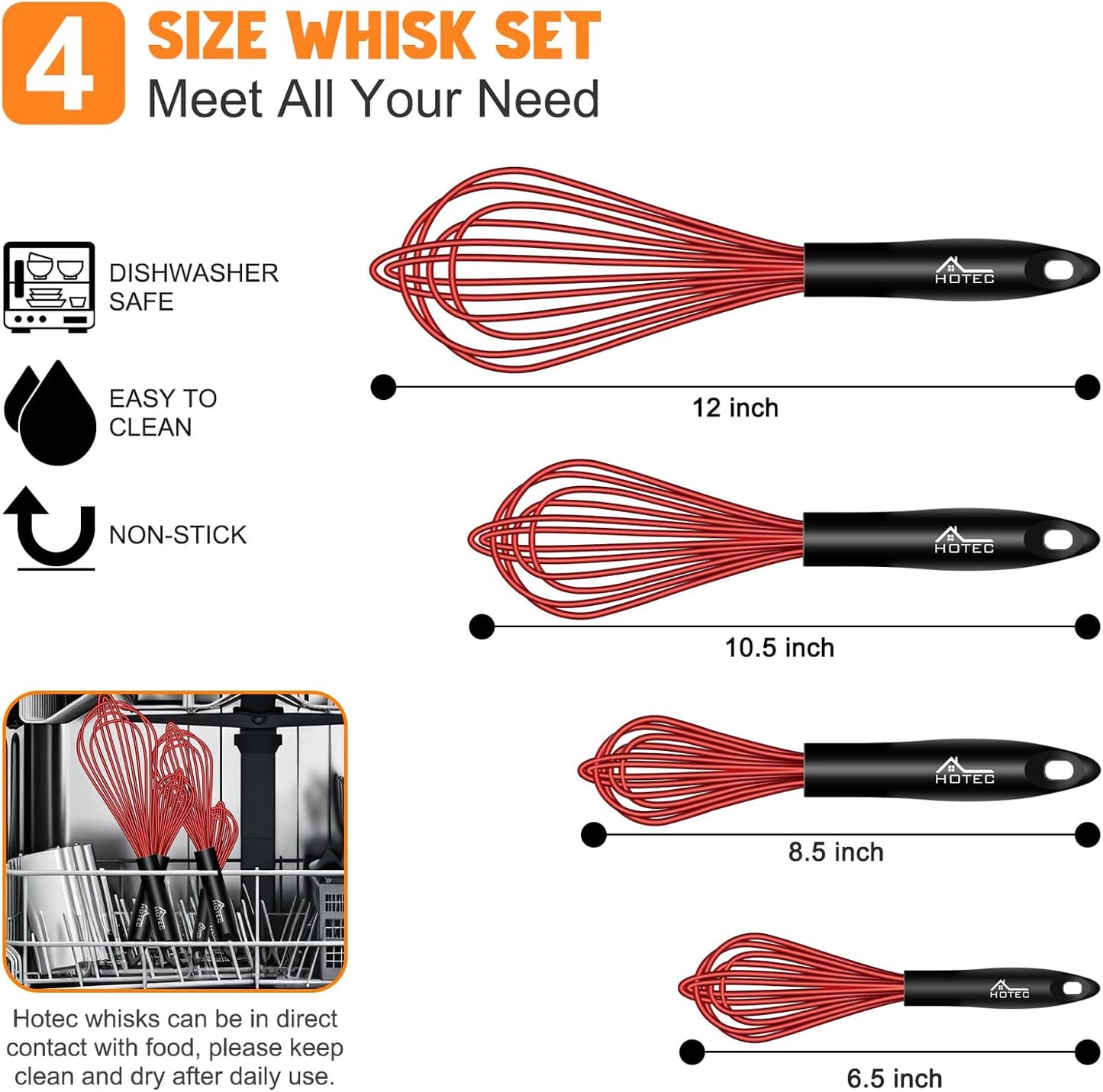 HOTEC 4 Pieces Silicone Whisks Set, Wire Balloon Whisks for cooking Egg Beater, Non-slip Handle Whisk for Non-stick Cookware Perfect for Cooking, Stirring, Beating and Blending (Multicolor)
