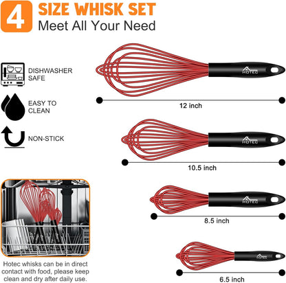 HOTEC 4 Pieces Silicone Whisks Set, Wire Balloon Whisks for cooking Egg Beater, Non-slip Handle Whisk for Non-stick Cookware Perfect for Cooking, Stirring, Beating and Blending (Multicolor)