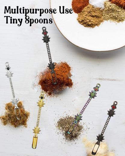 Mini Shovel Spoons Set, 5pc Metal Small Spoons with PU Pouch, Multi-Color Tiny Spoon Necklace Charms Decorative Pendant, Little Measuring Spoon, Rhinestones Jewelry Keychain Gift (Maple Leaf)