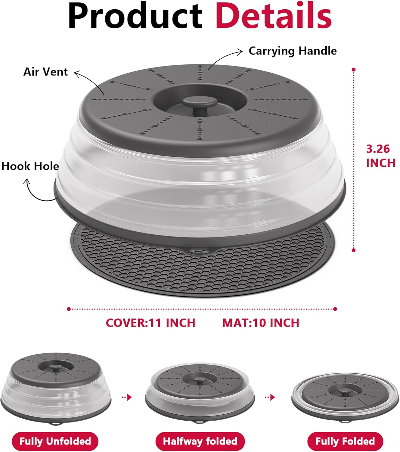 WVM Microwave Splatter Cover Vented for Food with Hook Hole, Splatter Guard & Colander Kitchen Gadget for Food, Meal Prep, Grey