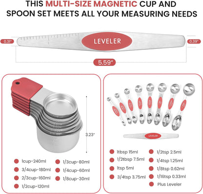 Magnetic Measuring Cups and Spoons Set-Heavy Duty 304 Stainless Steel，Double Measurement Markings，Set of 16 with Leveler for Measure Dry and Liquid Ingredients (Black)