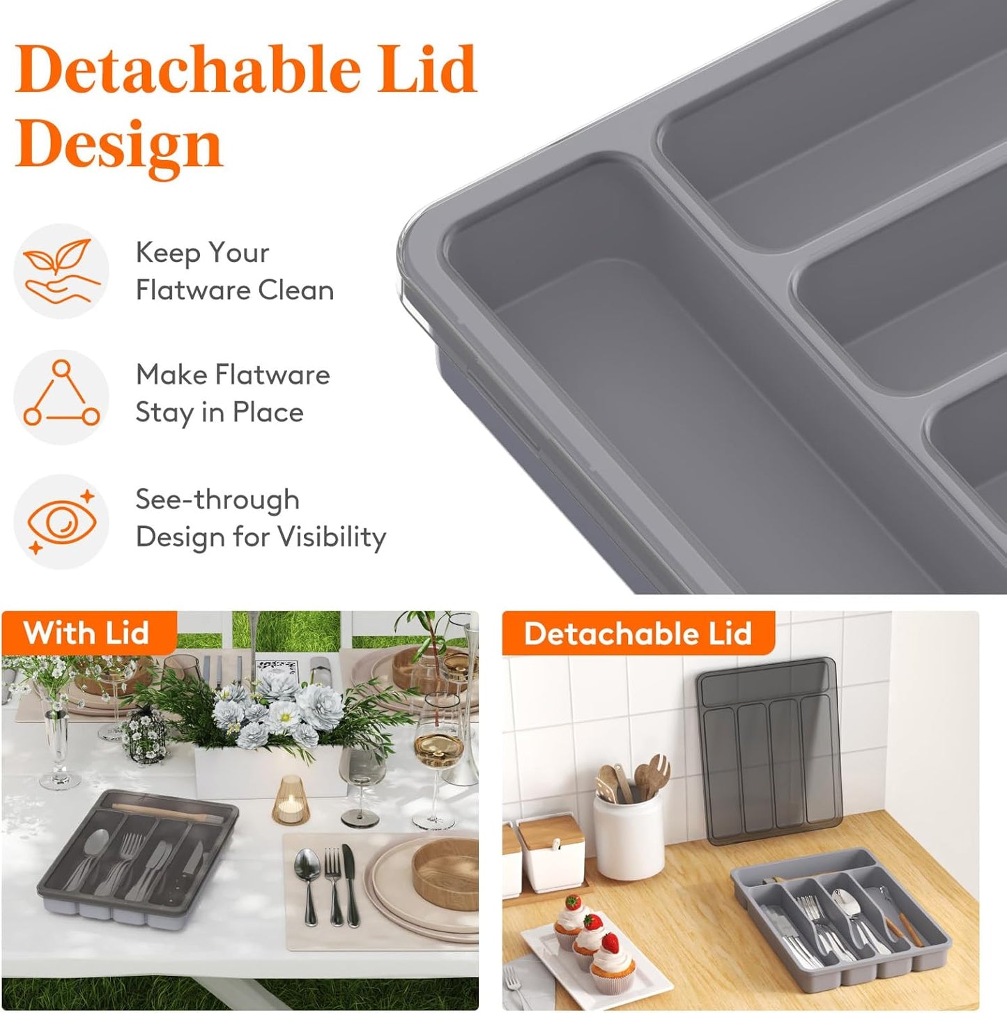 Lifewit Silverware Organizer with Lid, Covered Utensil Tray for Kitchen Drawer and Countertop, Plastic Cutlery and Flatware Storage Box for Spoons Forks Knives Holder Case, 12.6x11.8", Gray