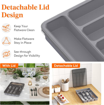 Lifewit Silverware Organizer with Lid, Covered Utensil Tray for Kitchen Drawer and Countertop, Plastic Cutlery and Flatware Storage Box for Spoons Forks Knives Holder Case, 12.6x11.8", Gray
