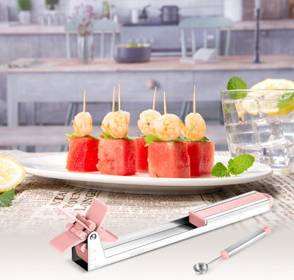 Watermelon Slicer Watermelon Cube Cutter Knife Corer Windmill Stainless Steel Watermelon Fruit Tools with Melon Baller Scooper Easy Slicer Unique Kitchen Gadgets Watermelon Knife Home Gift (Pink)