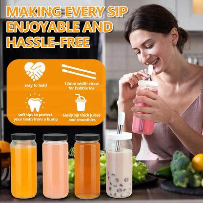 Zukro 12 oz Glass Juice Bottles with Lids & Straw, Airtight & Leak proof, Reusable Clear Small Bottle With Stainless Steel Cap for Juicing, Water, Smoothie & Milk, Dishwasher Safe & BPA Free, 12 Pack