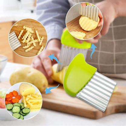 Luomorgo Stainless Steel Crinkle Cutter Knife Set, 1 Fork Slicing Helper & 3 Potato Carrot Wavy Knife French Fry Slicer Vegetable Wavy Chopper