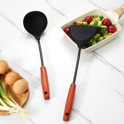 FJNATINH Wok Tools, Wok Utensil,Wok Spatula,Ladle,Skimmer Tool Set,Non Stick Heat-Resistant Silicone Cooking Utensils BPA Free Kitchen Utensils Cookware, Pack of 3,Black