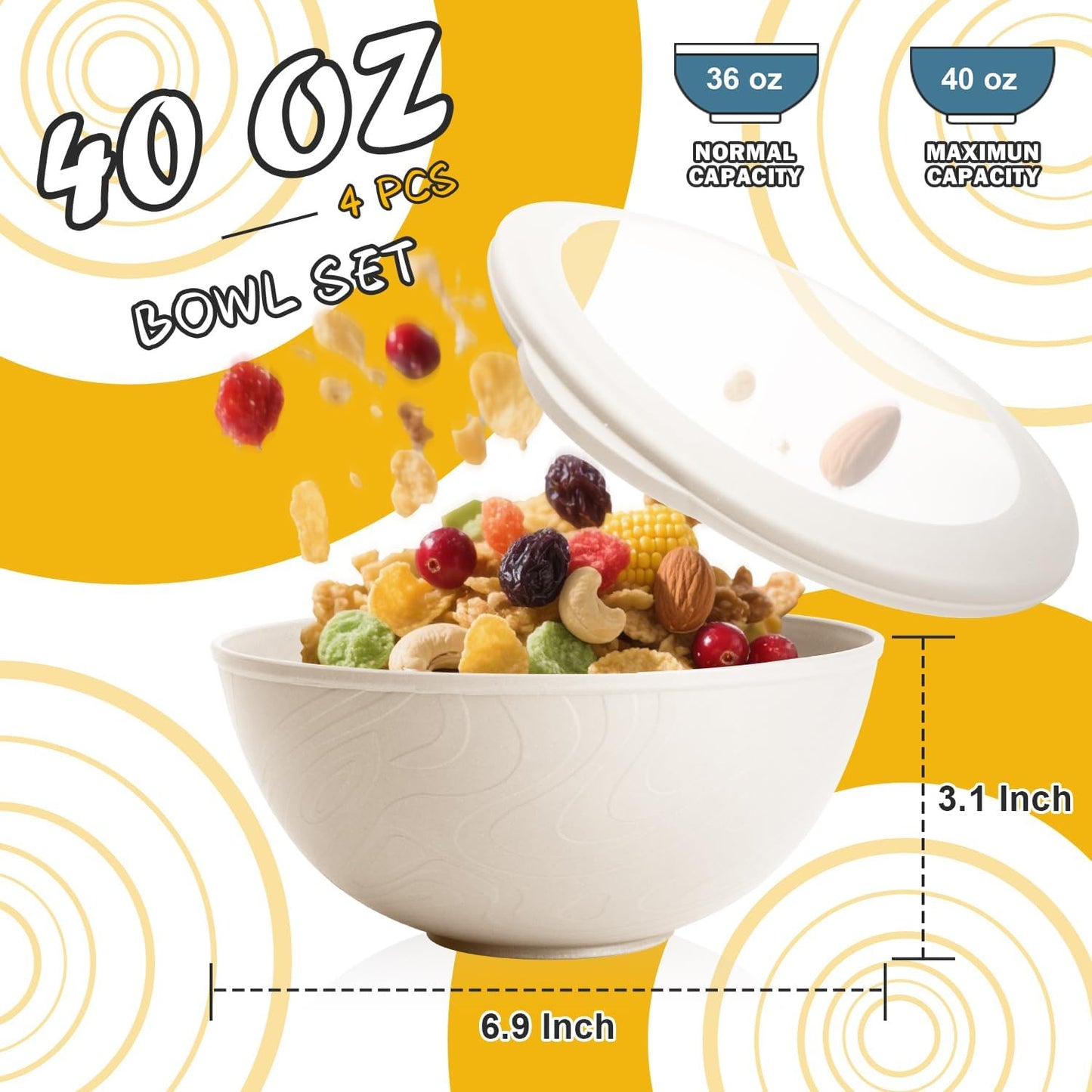 Wheat Straw Bowls Set with Lids, Unbreakable 40 OZ Cereal Bowls Set of 4, Salad Container for Lunch, Microwave & Dishwasher Safe Bowl Set for Kitchen, Picnic, RV, Camping, Multi