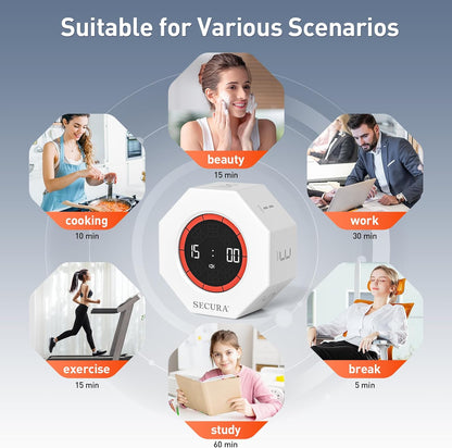 Secura Pomodoro Timer, Rotating Cube Time Tracker, Flip Gravity Sensor with 7 Presets(1/3/5/10/15/30/60 Min), Visual Progress Bar for ADHD, Kids, Tasks, Work, Study (White)