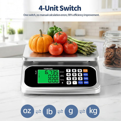 Large Digital Food Scale, 0.05oz/1g Commercial Kitchen Scale with Price Computing & PCS, AA Batteries & DC Plug-in, 30kg/66lb for Cooking, Baking, Fruit, Vegetables & lndustrial Use (Silver)