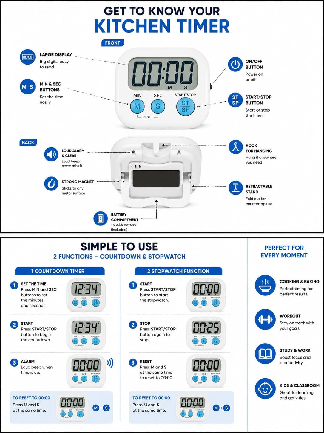 Digital Kitchen Timer for Cooking with Loud Alarm, Magnetic Countdown Timer, Large Display Big Digits Easy to Read, Count Up Stopwatch Timer for Baking Oven Kitchen Kids Classroom