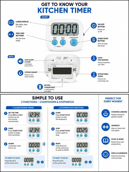 Digital Kitchen Timer for Cooking with Loud Alarm, Magnetic Countdown Timer, Large Display Big Digits Easy to Read, Count Up Stopwatch Timer for Baking Oven Kitchen Kids Classroom