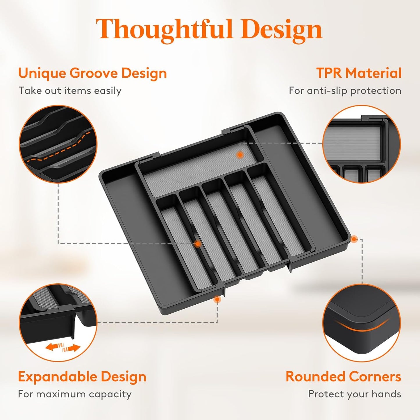 Lifewit Silverware Drawer Organizer, Expandable Utensil Tray for Kitchen, BPA Free Flatware and Cutlery Holder, Adjustable Plastic Storage for Spoons Forks Knives, 11-18 x 14", Black