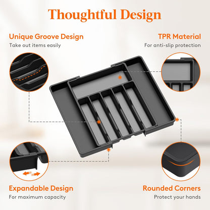 Lifewit Silverware Drawer Organizer, Expandable Utensil Tray for Kitchen, BPA Free Flatware and Cutlery Holder, Adjustable Plastic Storage for Spoons Forks Knives, 11-18 x 14", Black